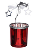 Svícen na čajovou svíčku s otočnou dekorací - červený se stříbrnými hvězdami